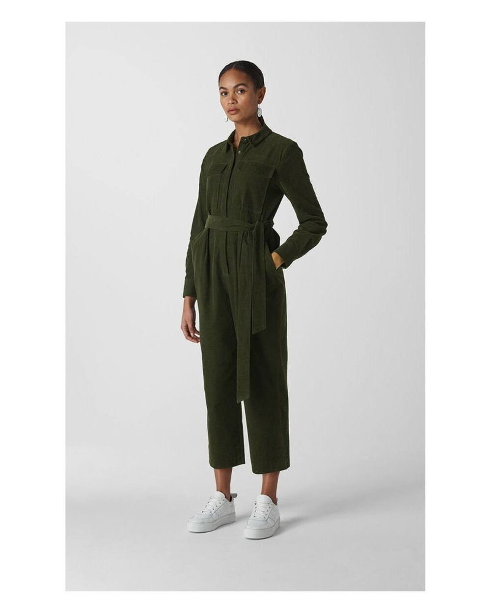 WHISTLES Dark Green Cord Fabric Button Front Tie Waist Utility Jumpsuit Size 12
